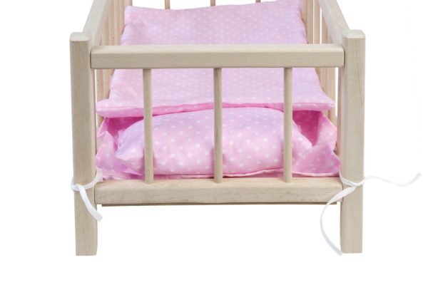 Łóżeczko dla lalek z pościelą różową w białe grochy