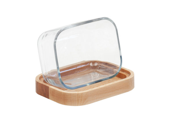 Maselniczka szklana z drewnianą podstawą