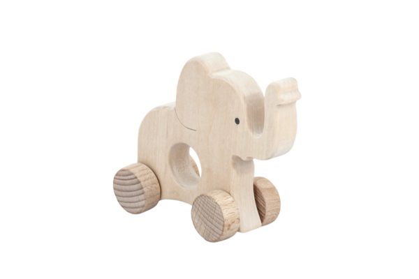 Słoń - drewniana figurka, gryzak na kołach
