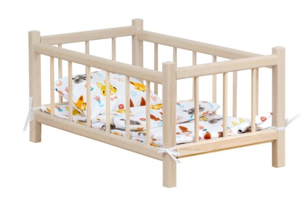 Drewniane łóżeczko dla lalek - z pościelą